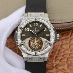Replica Hublot Big Bang Tourbillon Full Diamond Watch with Black Rubber Strap