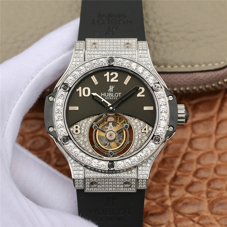 Replica Hublot Big Bang Tourbillon Full Diamond Watch with Black Rubber Strap